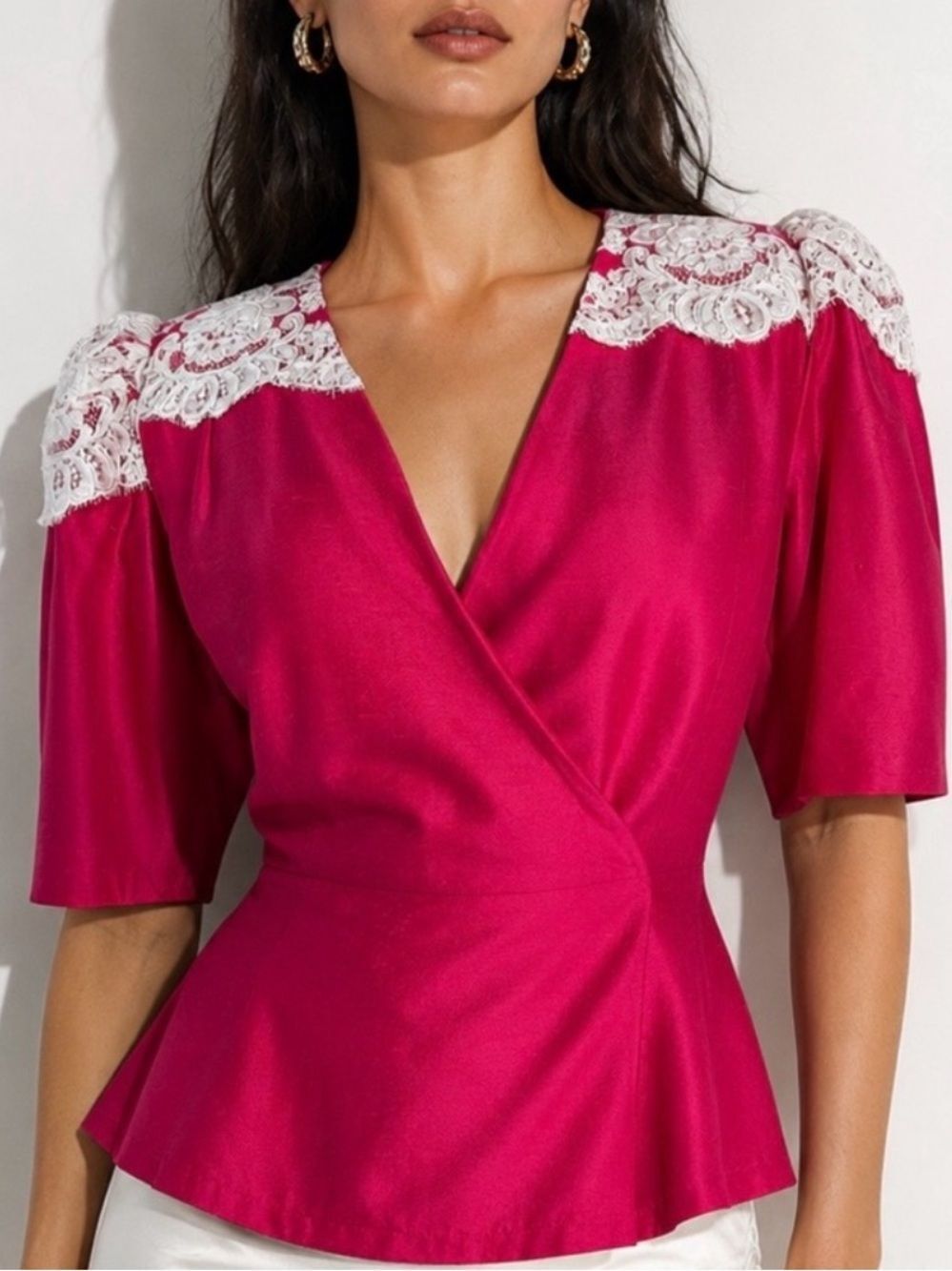 VINTAGE WATTERS & WATTERS Fuchsia Lace-Shoulder Wrap Peplum Top Size S/M